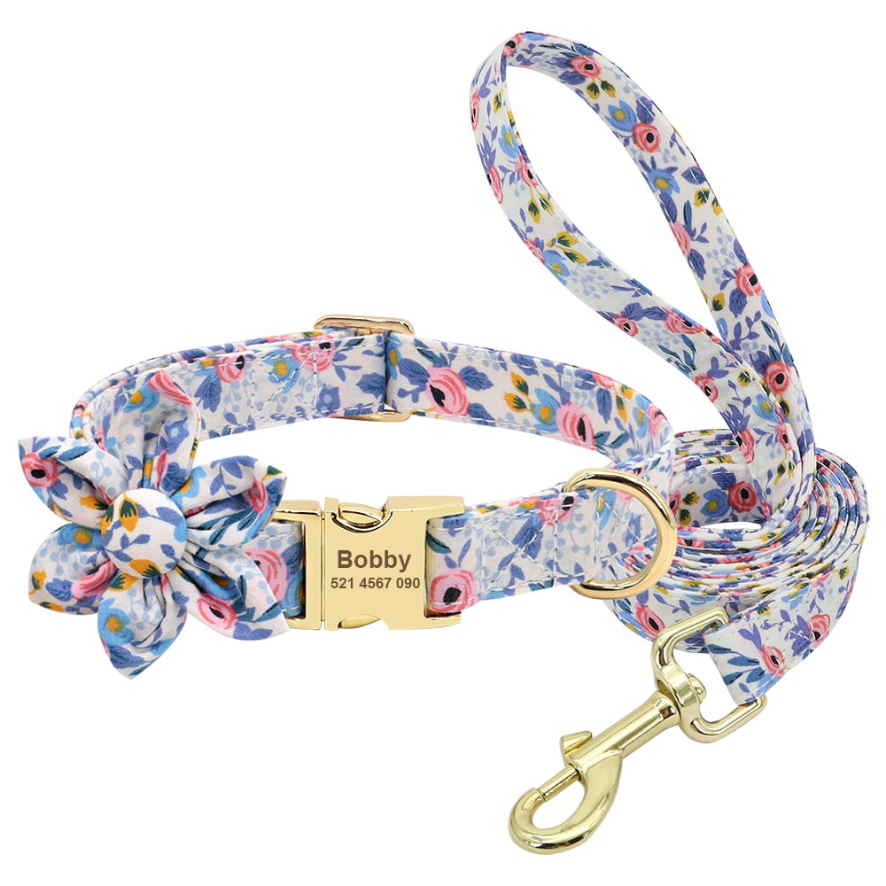 Custom Engraved Dog Collar With Leash Nylon Printed Dog ID Collars Pet Walking Belt For Small Medium Large Dogs Flower Accessory