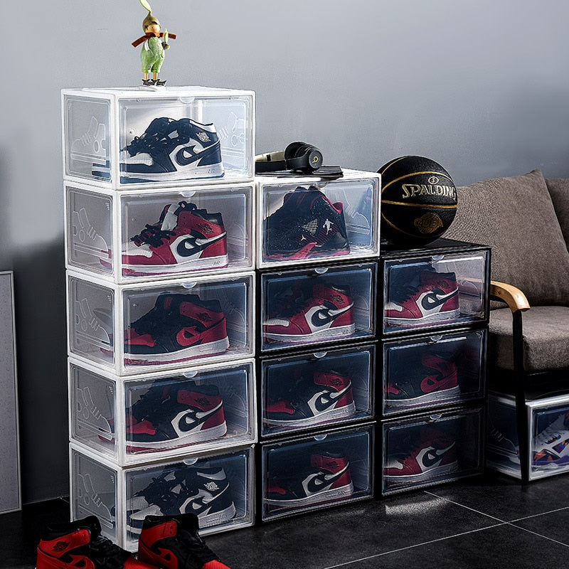 2pcs Transparent Sneaker Shoe Box Dust-proof Storage Box Stackable Shoe Cabinet High-top Dustproof AJ Shoes Organizers Shoe Rack