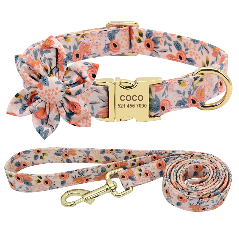Custom Engraved Dog Collar With Leash Nylon Printed Dog ID Collars Pet Walking Belt For Small Medium Large Dogs Flower Accessory