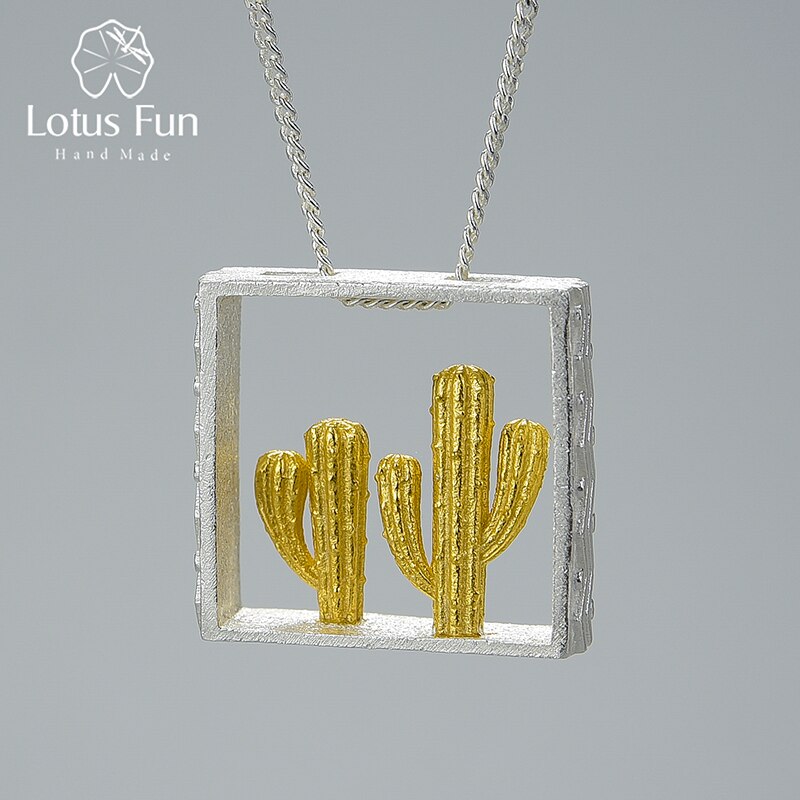 Lotus Fun Real 925 Sterling Silver Handmade Fine Jewelry Desert Series 18K Gold Cactus Design Pendant without Necklace for Women