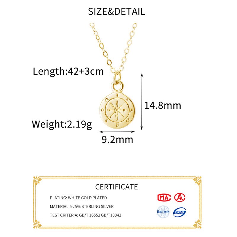 INZATT Real 925 Sterling Silver Round Compass Vintage Pendent Necklace For 2019 Fashion Women Gold Color Boho fINE Jewelry Gift
