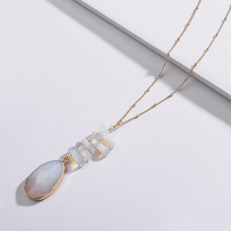 HUIDANG Gold Plating Dainty Long Ball Chain Natural Opal Labradorite Stack Stone Pendant Necklaces for women