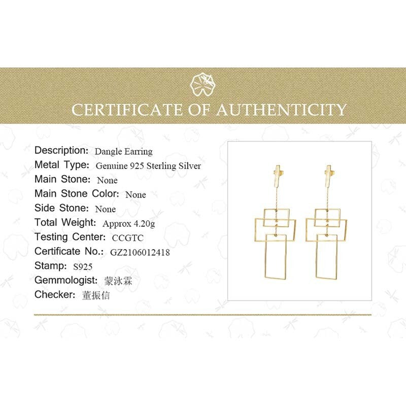 Lotus Fun Real 925 Sterling Silver Fine Jewelry Fashion Elements 18K Gold Geometic Rectangular Design Dangle Earrings for Women