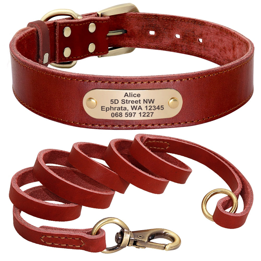 Personalized Dog Collar And Leash Set Real Leather Pet Collars Dogs Walking Lead Leash for Small Large Dogs Pitbull XXS-XL