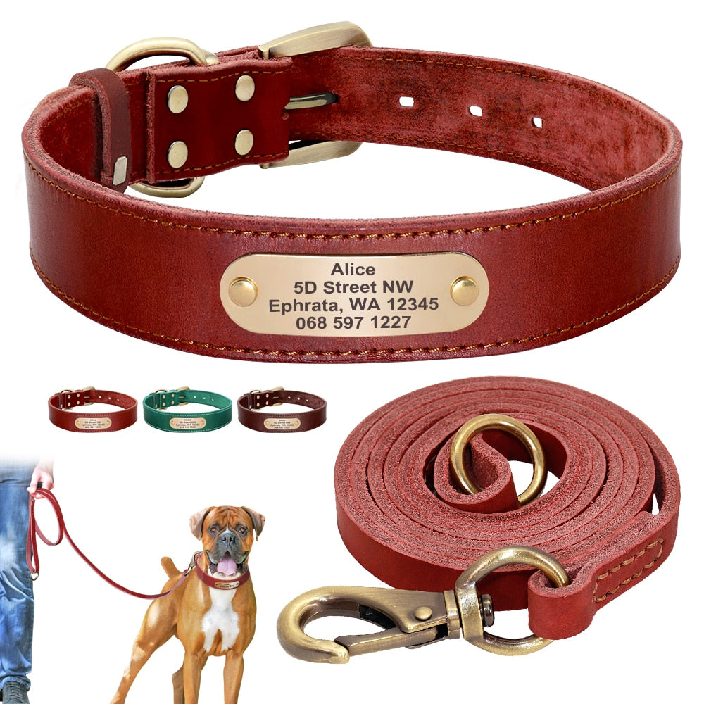 Personalized Dog Collar And Leash Set Real Leather Pet Collars Dogs Walking Lead Leash for Small Large Dogs Pitbull XXS-XL