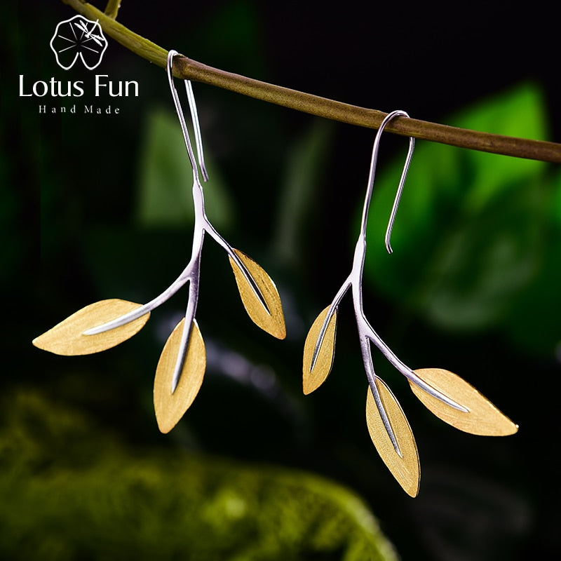 Lotus Fun Real 925 Sterling Silver Creative Designer Handmade Fine Jewelry Minimalist Design Leaves Dangle Earrings for Women